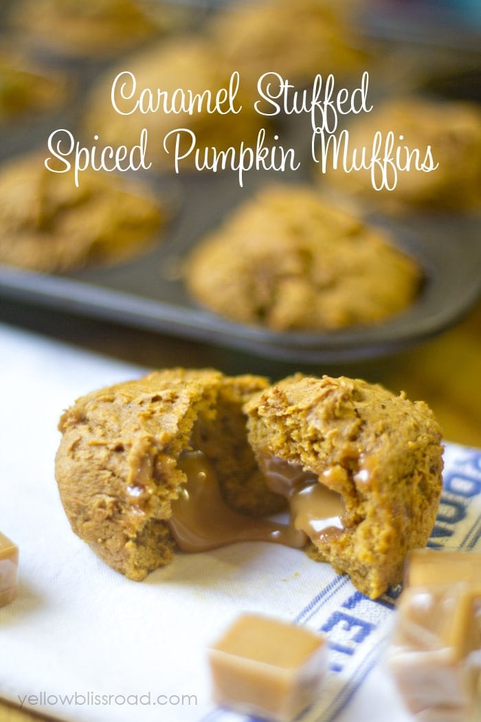 Caramel Stuffed Spiced Pumpkin Muffins - So easy and made with just three indredients