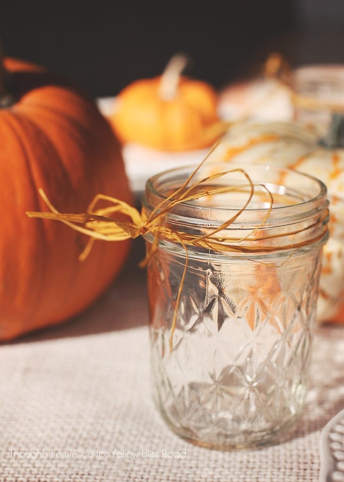 Canning Jars Tied with Yellow Raffia for Thanksgiving