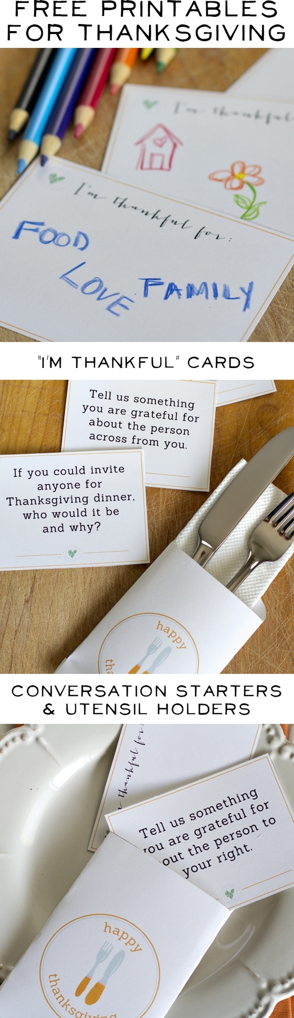 Free Printables for your Thanksgiving Table - Thankful cards, Conversation Starters, Utensil holders