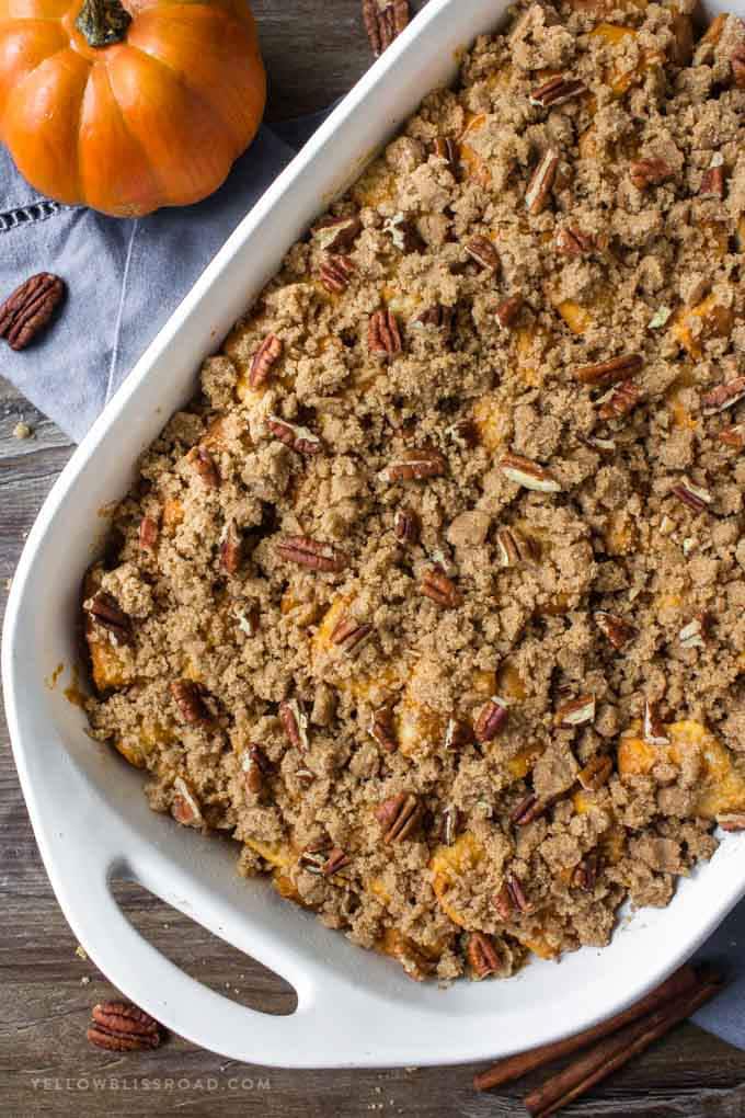 Baked French Toast is about as easy as it gets, like this Pumpkin Pie French Toast Bake, made with sweet Hawaiian Bread, pumpkin pie filling and pecans. Overhead photo of pumpkin pie baked french toast