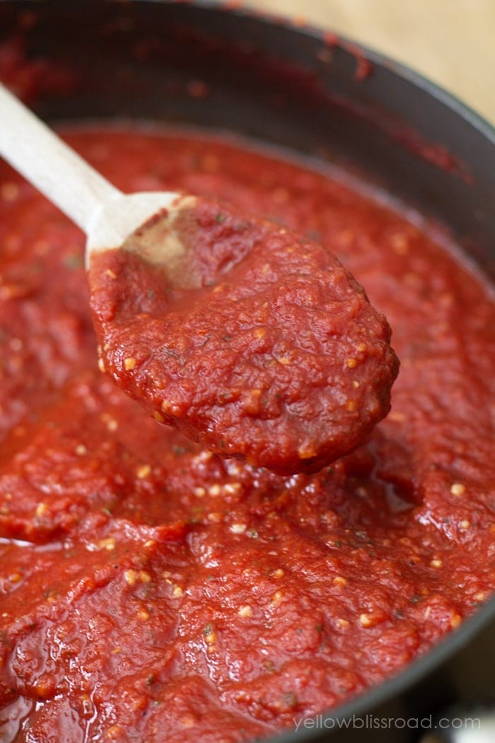 A close up spoonful of marinara sauce