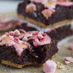 A close up of a brownie with peppermint on top