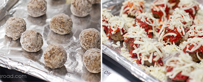 two images in collage format of meatballs on a pan with sauce and cheese