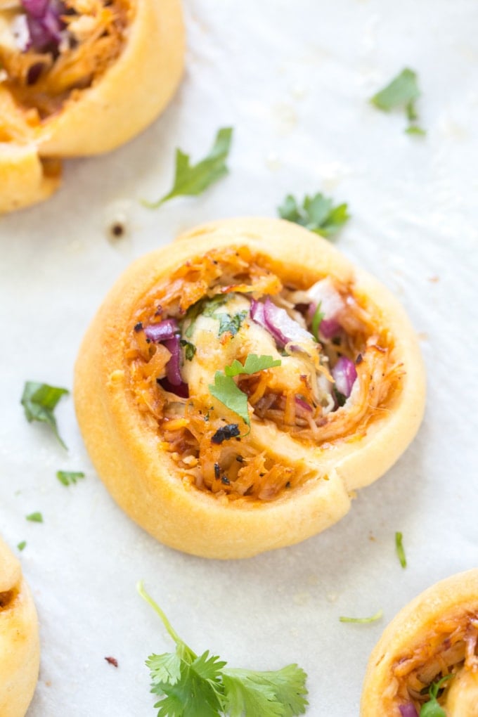 close up of a barbecue chicken pizza pinwheel