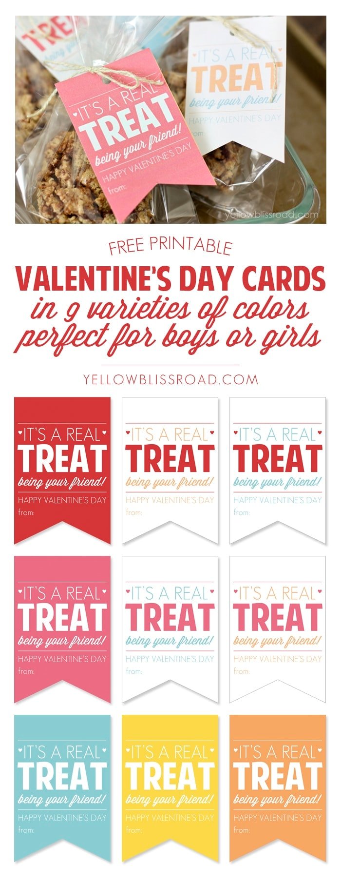 Free Printable Valentine Treat Cards for Boys or Girls in 9 Color Combos