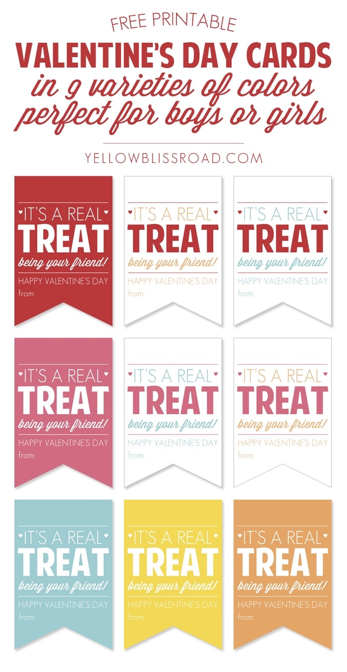 Free Printable Valentine Treat Cards for Boys or Girls in 9 Colors