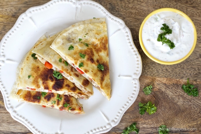 italian chicken quesadillas with greek yogurt dip