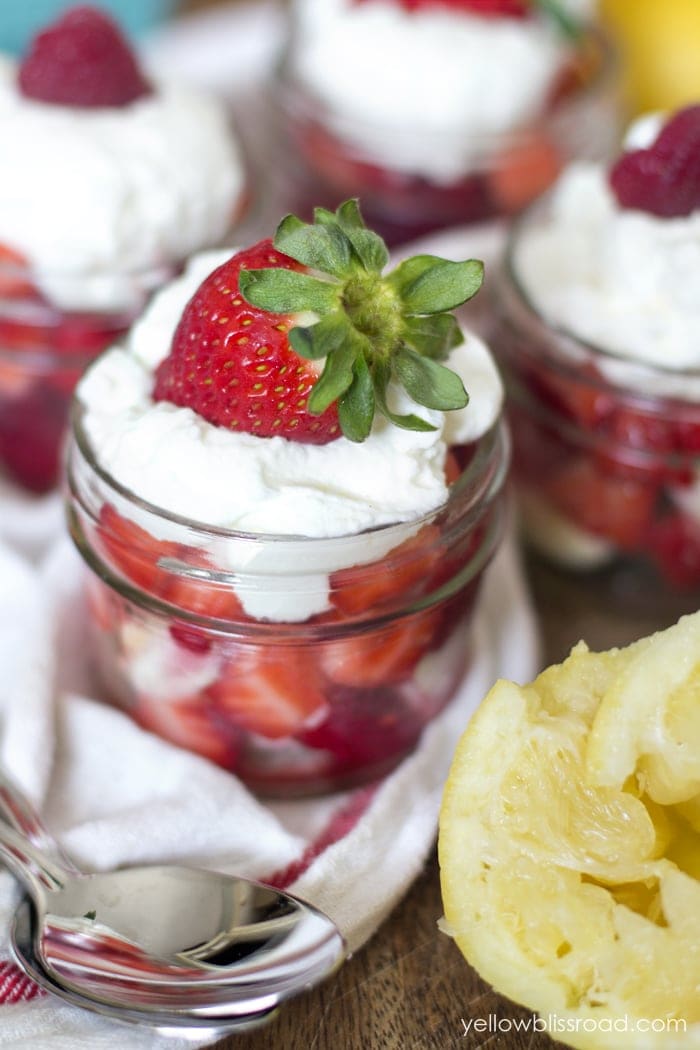 A close up of layered angel food parfait