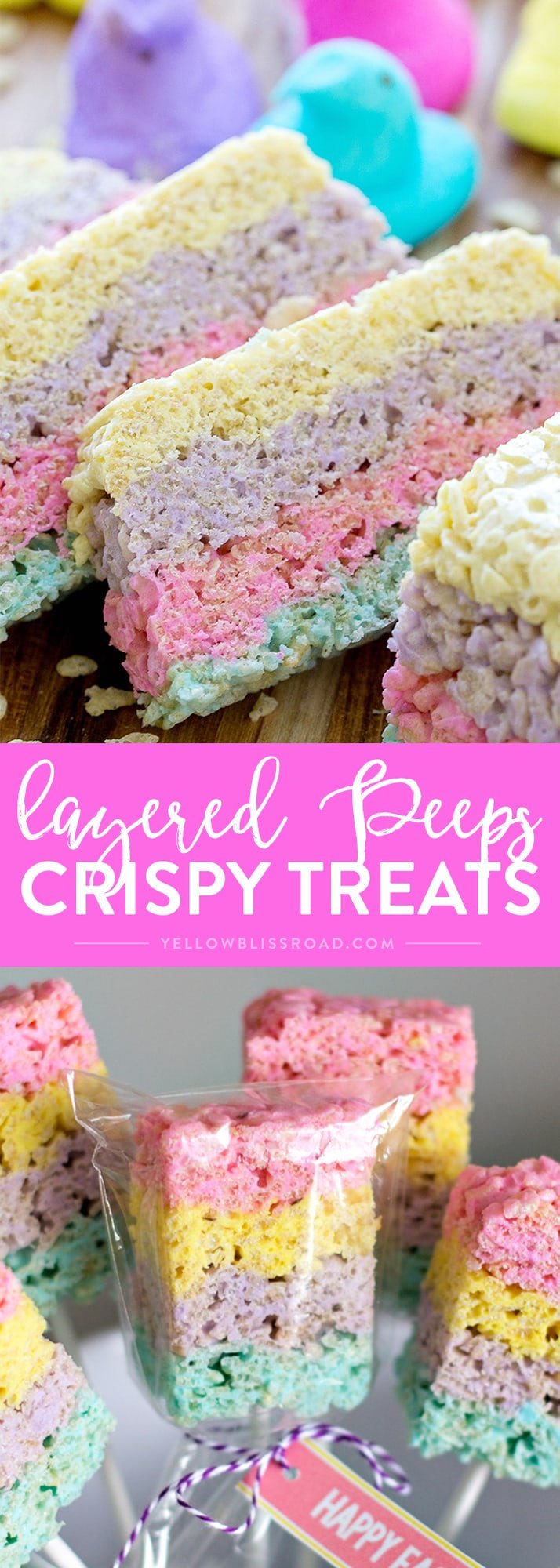 Social media image of Layered Peeps Crispy Treats