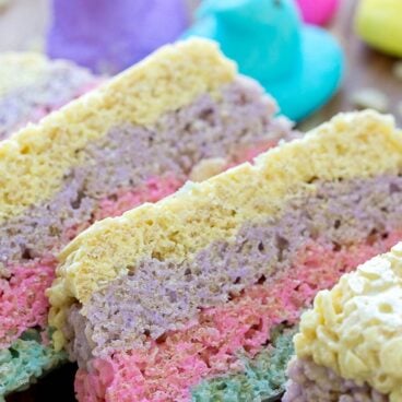 A close up of Layered Peeps Rice Krispie Treats