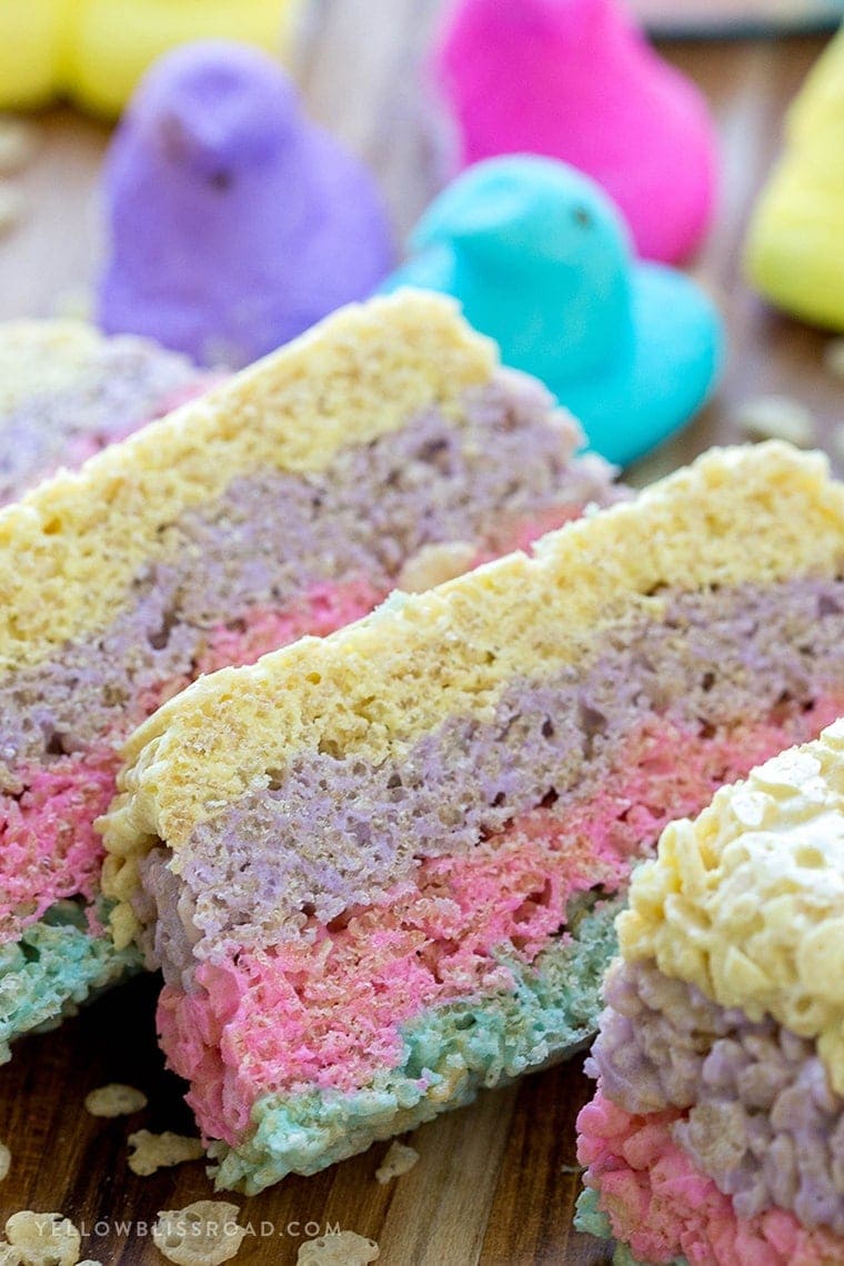 A close up of Layered Peeps Rice Krispie Treats