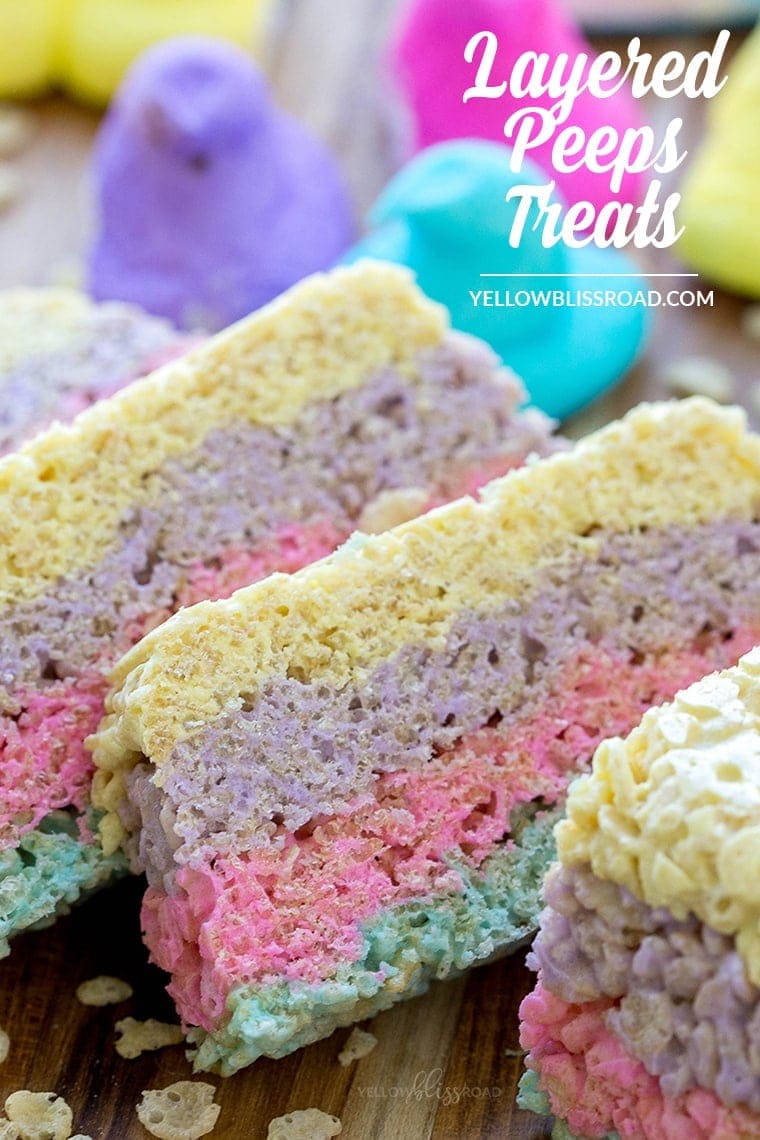 A close up of Layered Peeps Rice Krispie Treats