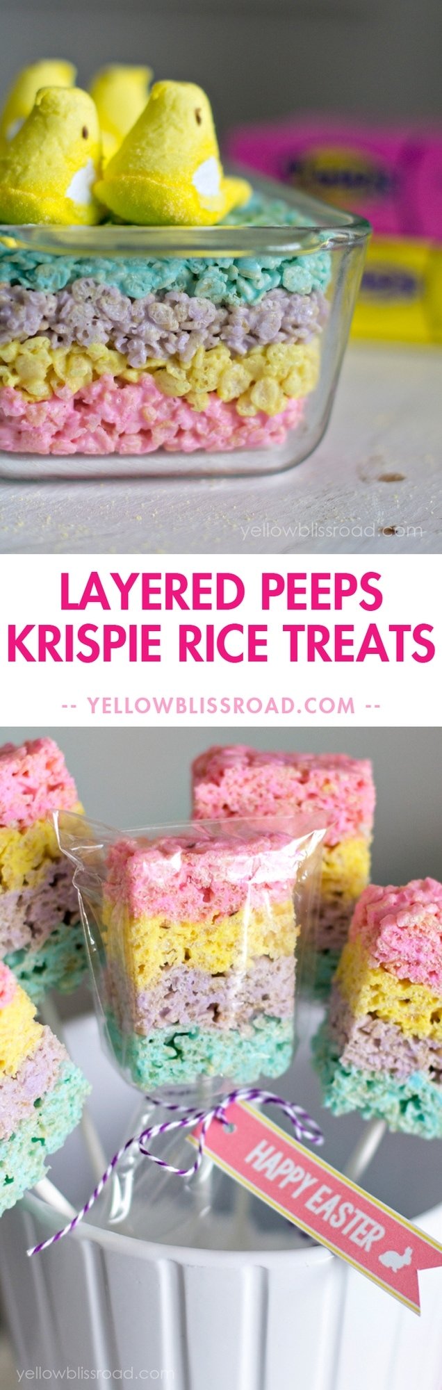 Social media image of Layered Peeps Rice Krispie Treats