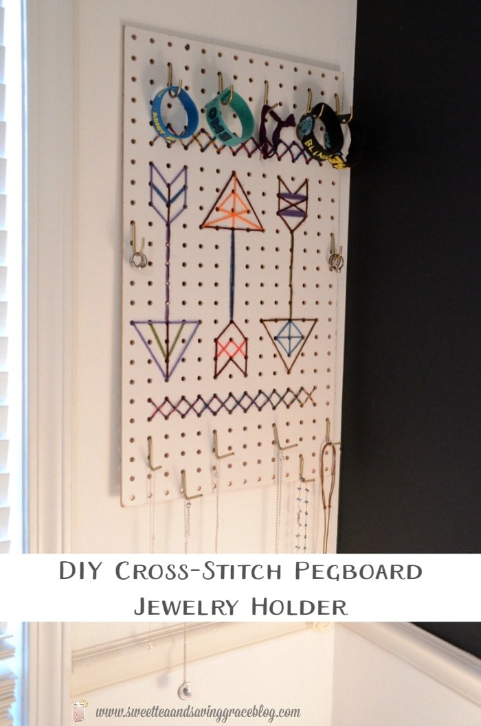 diy cross-stitch pegboard jewelry holder