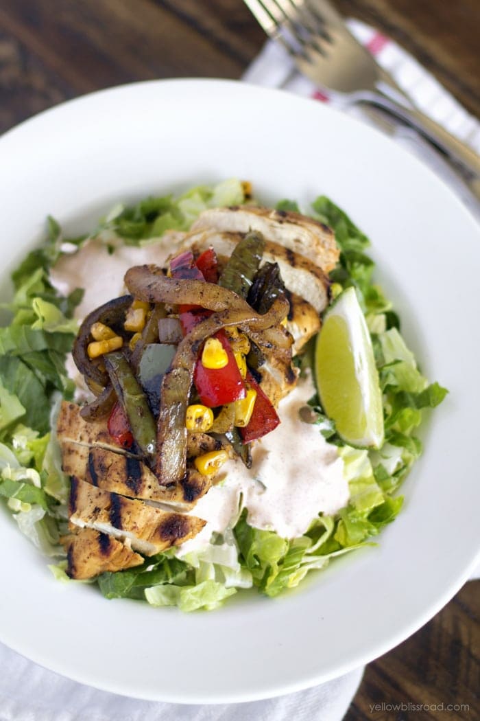 Chicken Fajita Salad in a white bowl