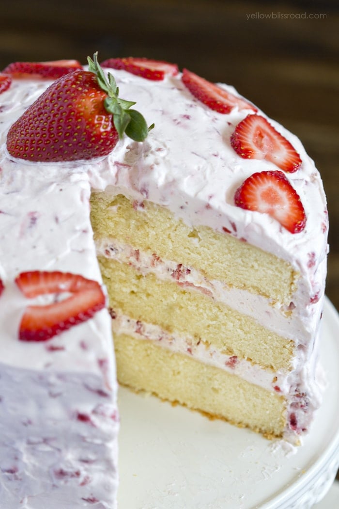 3 layer strawberry cake with strawberry frosting