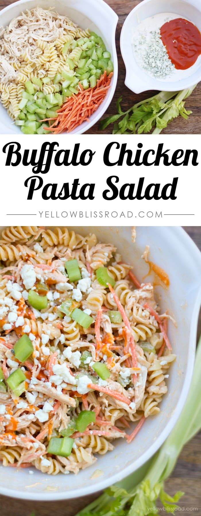 Buffalo Chicken Pasta Salad - Perfectly customizable salad with chicken, buffalo sauce, blue cheese and Ranch. Great for summer parties and fall tailgating!