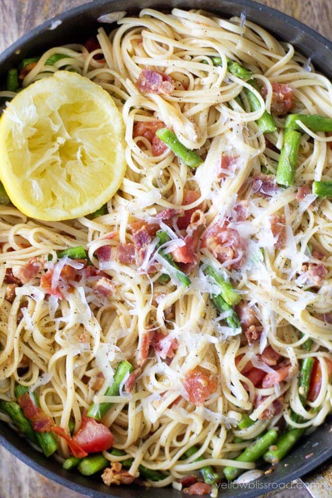 Spicy Lemon Pasta with Bacon, Tomatoes and Asparagus