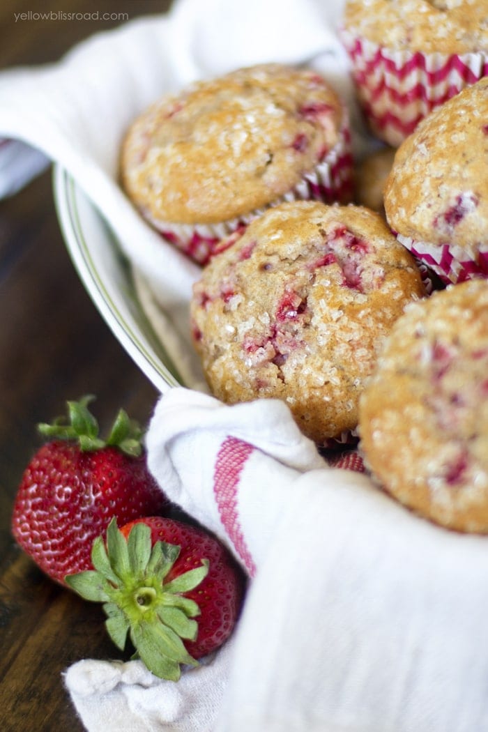 Whole Wheat Strawberry Muffins - made tender and moist with the addition of Greek yogurt!