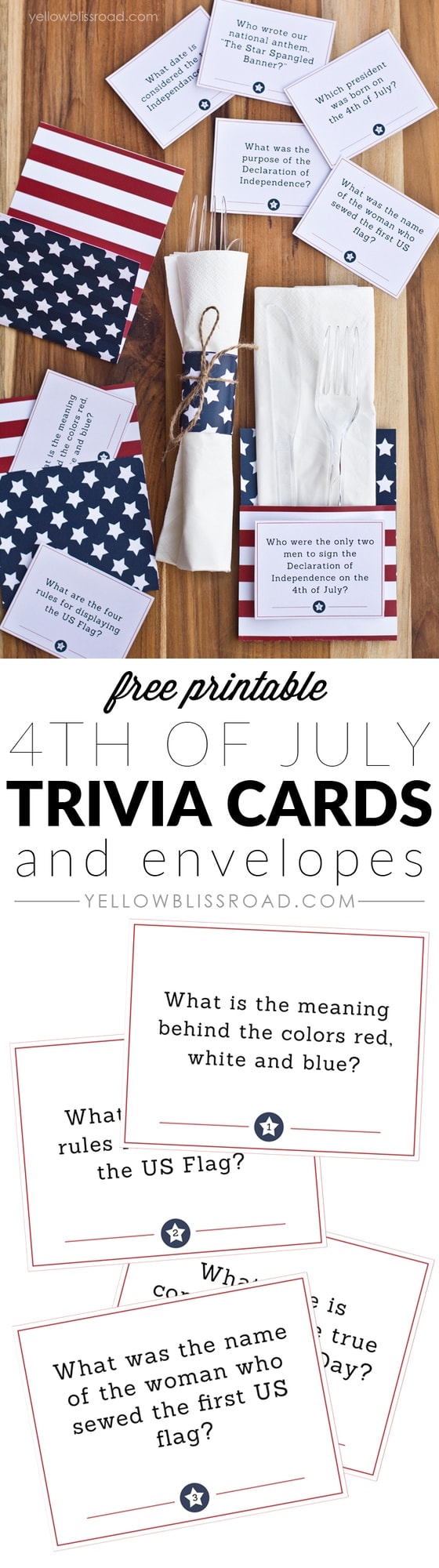 Free printable 4th of July Trivia Cards and Utensil Envelopes