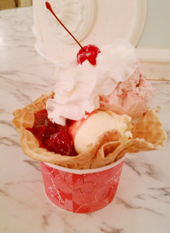 Strawberry Sundae at Gibson Girl Ice Cream Parlor Disneyland