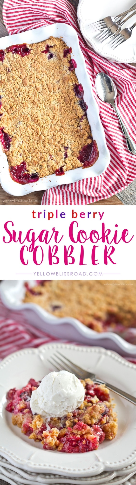 Triple Berry Sugar Cookie Cobbler with strawberries, blueberries and raspberries