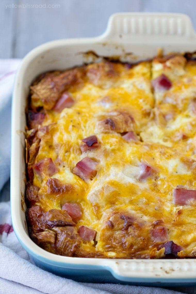 Ham and Cheese Croissant Breakfast Casserole | YellowBlissRoad.com