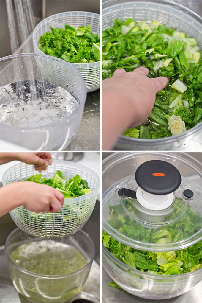 4 image collage depicting how to wash lettuce