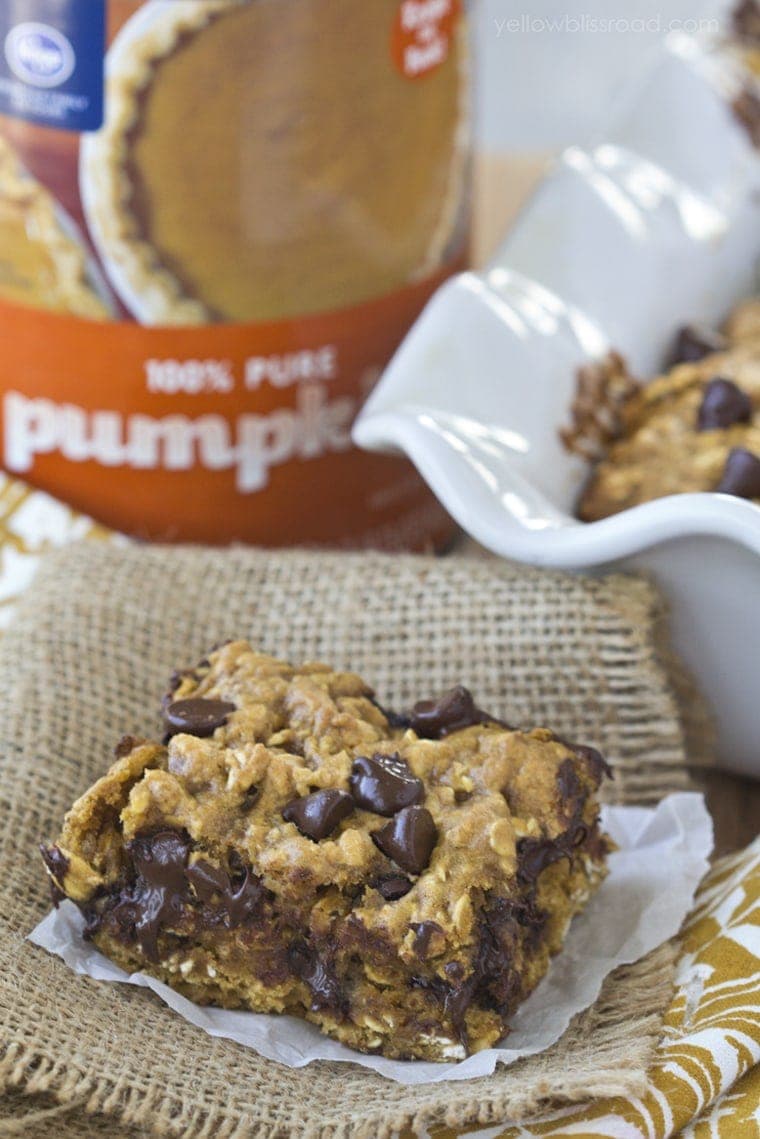 Chewy Pumpkin Oatmeal Chocolate Chip Bars - Thick and chewy and perfect for fall.