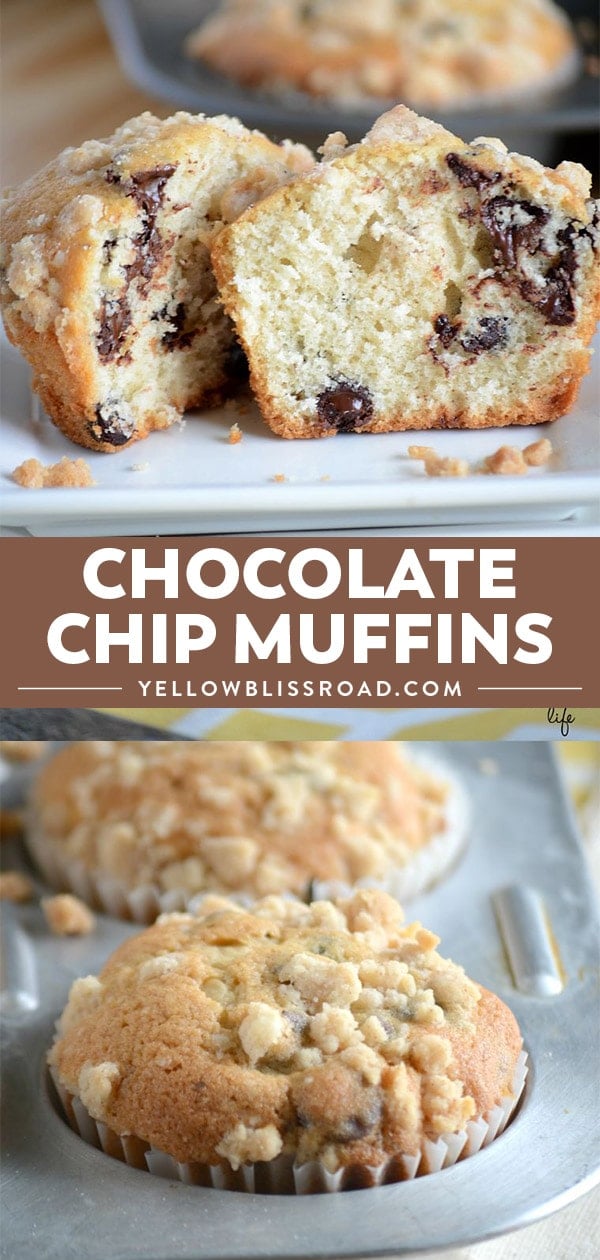 Bakery Style Chocolate Chip Muffins with a sweet crumb topping collage