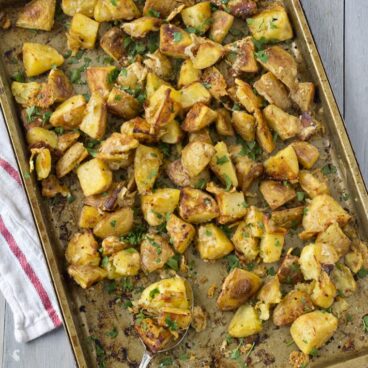 A pan filled with Roasted Potatoes