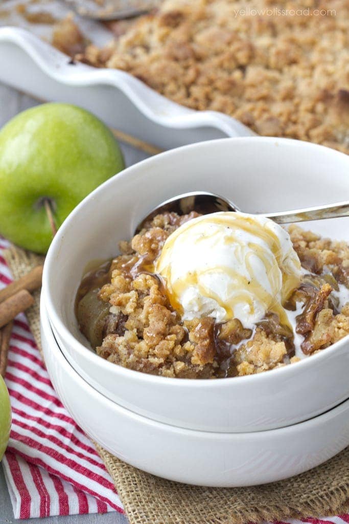 Snickerdoodle Apple Cobbler with Ice Cream and Caramel Sauce