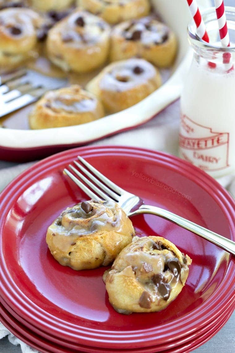 Chocolate Toffee Cinnamon Sweet Rolls with Salted Caramel Icing