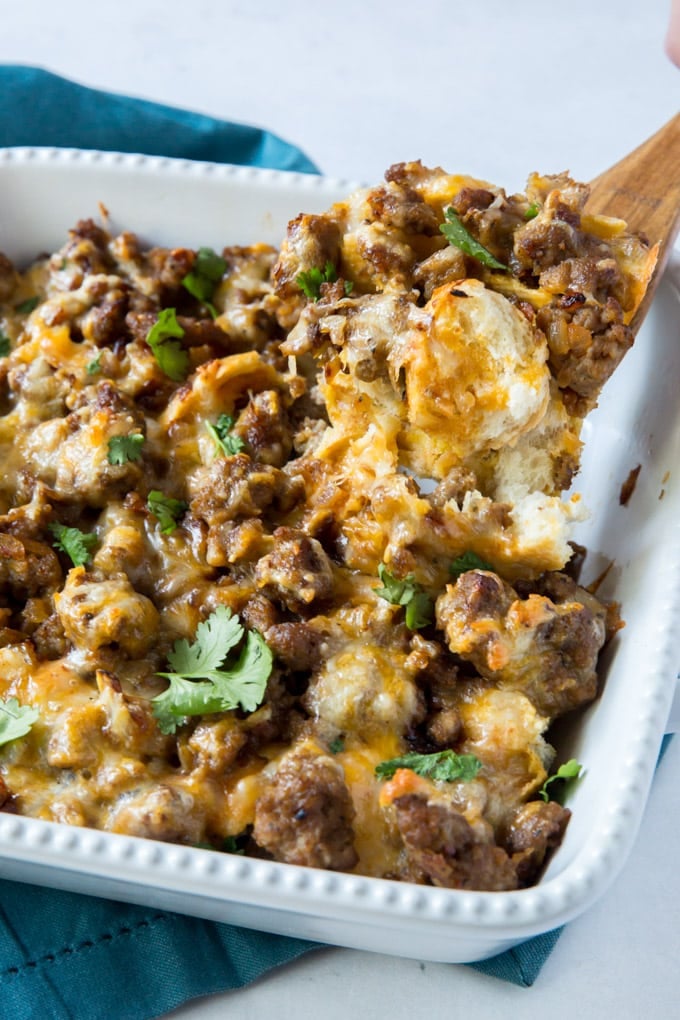 A casserole dish filled with Mexican breakfast casserole