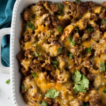 A casserole dish filled with Mexican breakfast casserole
