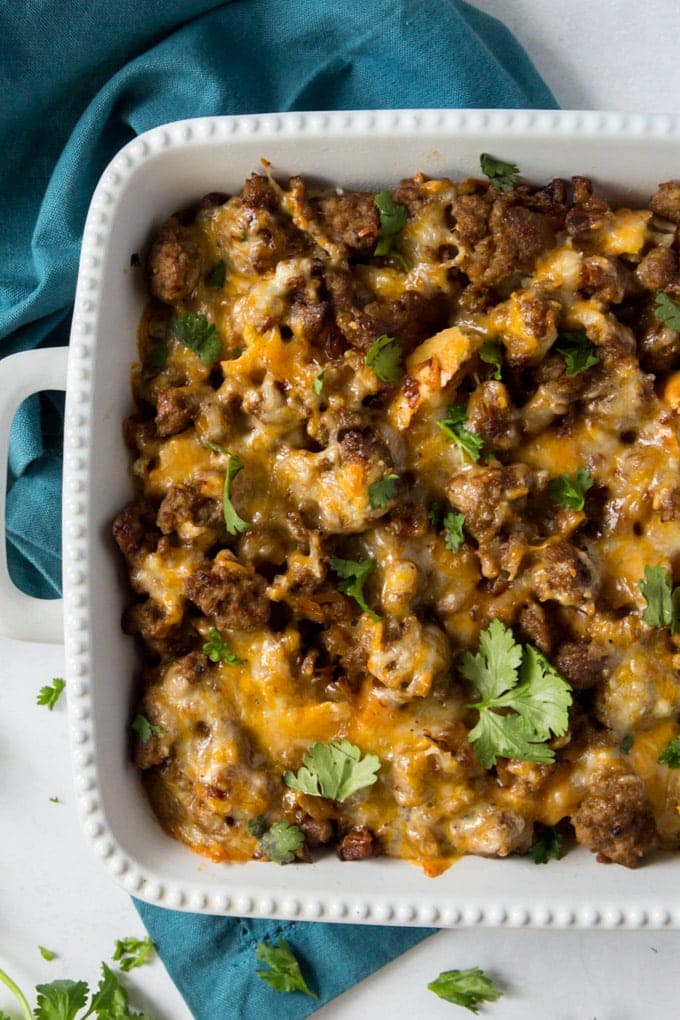 A casserole dish filled with Mexican breakfast casserole