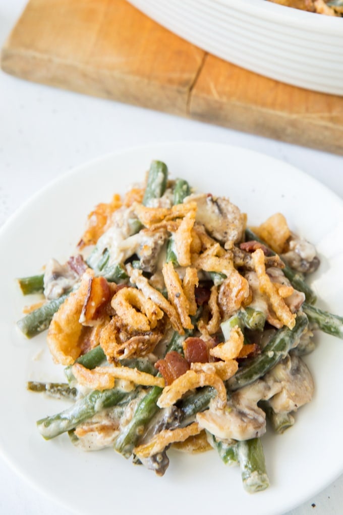 a serving of green bean casserole on a plate