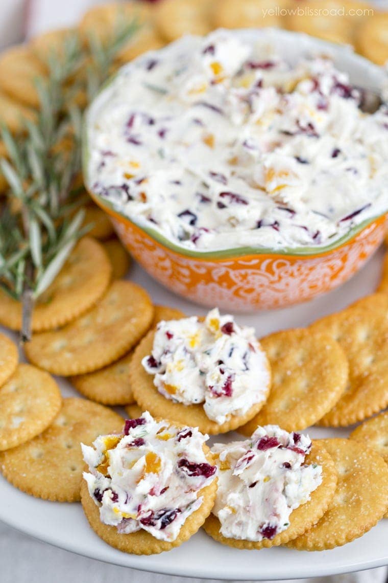 Cranberry and Rosemary Cheese Spread on Crackers