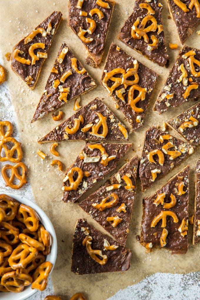 Overhead shot of graham cracker toffee with chocolate and pretzel topping