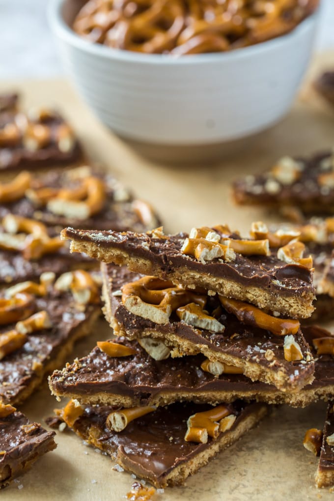 A stack of graham cracker pretzel toffee