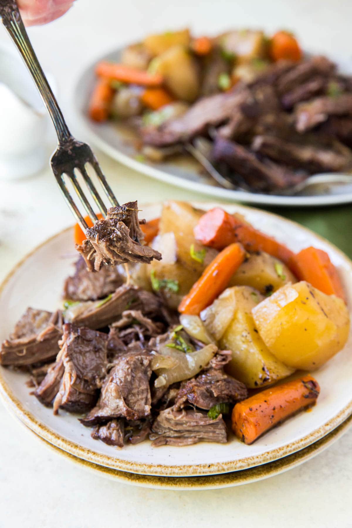 white plates with pot roast, carrots, potatoes, fork