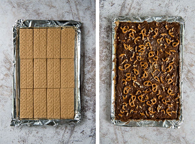 Two trays side by side showing graham cracker layer and then chocolate and pretzel layer