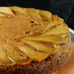 A close up of a pear cake