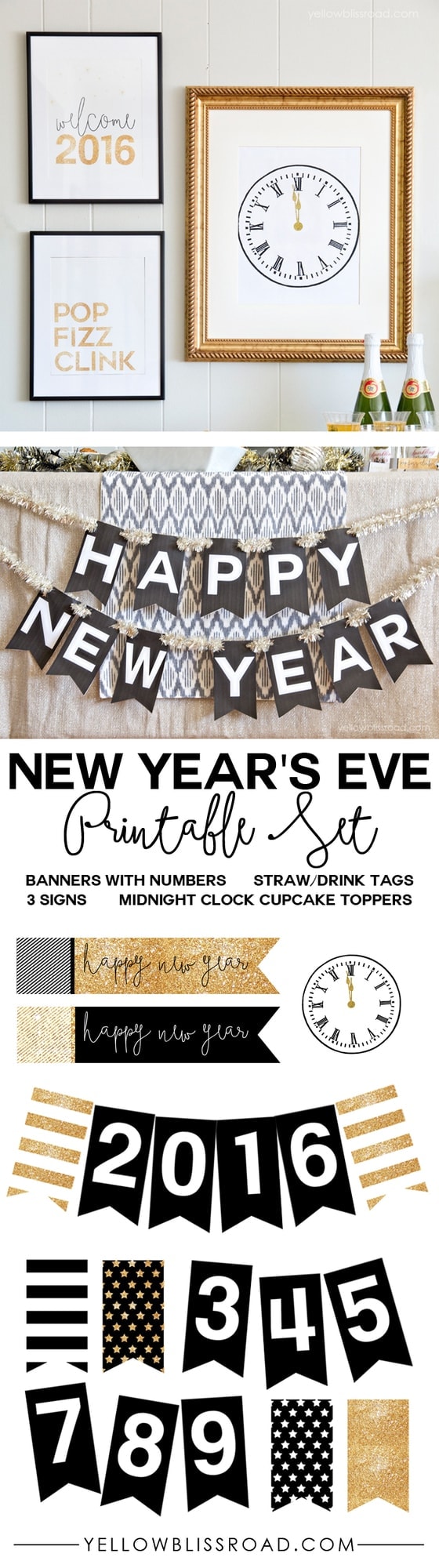 New Year's Eve Printable Set with Banners, Tags, Cupcake Toppers and Signs in Black, White and Gold Glitter