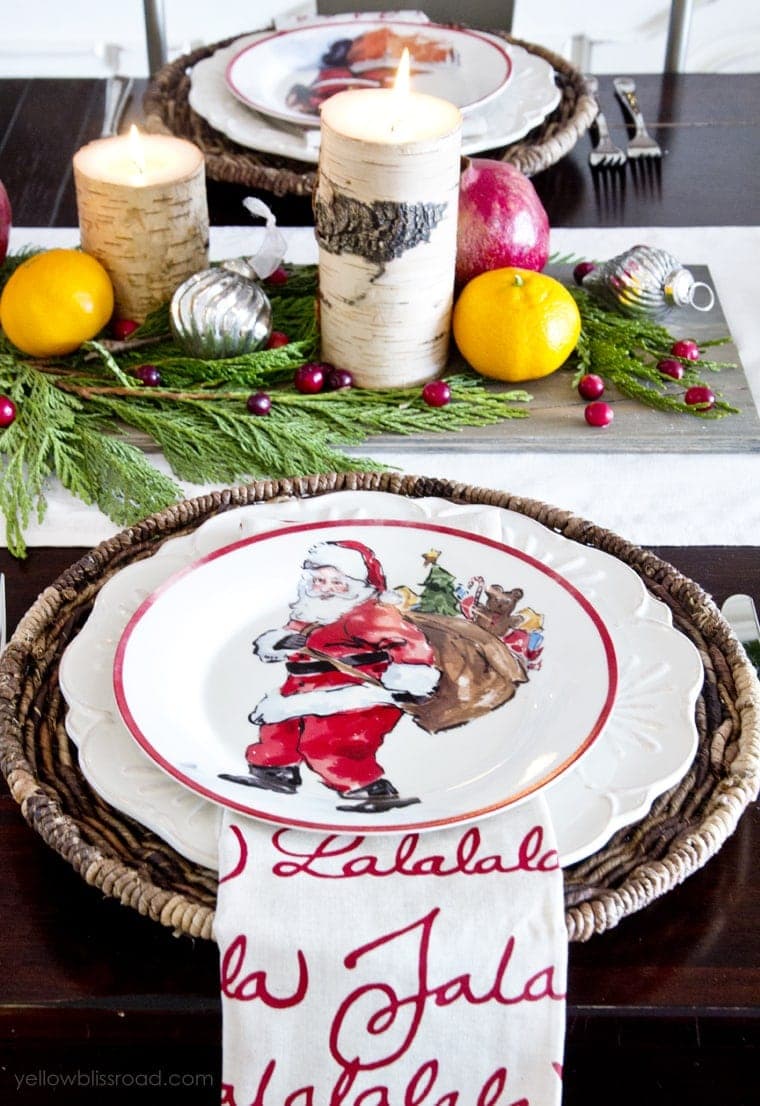 Classic Reds and Rustic Plaids Christmas Home Tour 2015 | Christmas Dining Room with fresh fruit and candles centerpiece