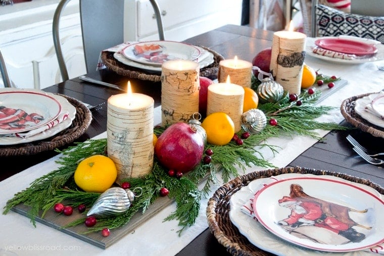 Classic Reds and Rustic Plaids Christmas Home Tour 2015 | Christmas Dining Room with fresh fruit and candles centerpiece