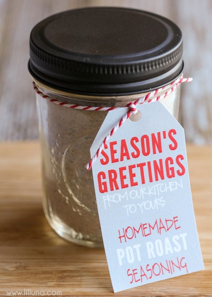 Jar of pot roast seasoning with holiday tag