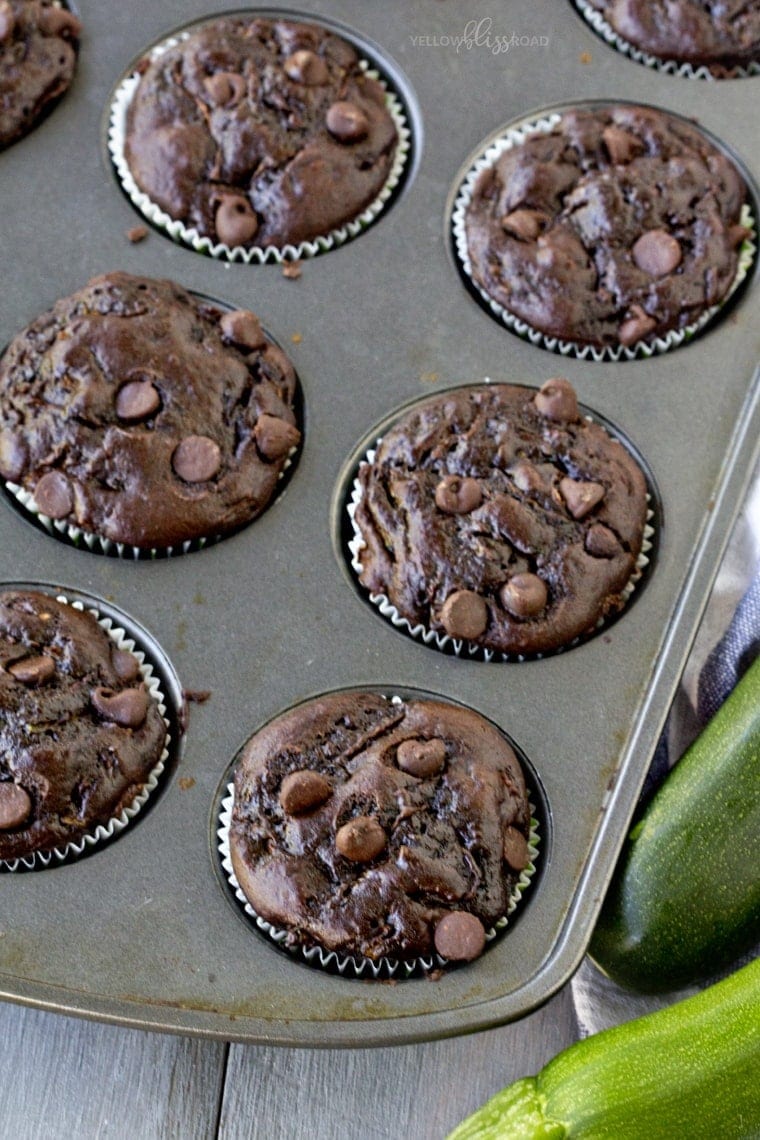 Lowfat Double Chocolate Zucchini Muffins - made healthier with Greek Yogurt and applesauce instead of oil or butter