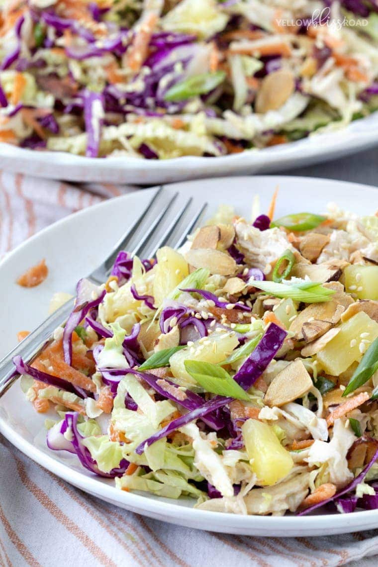 Tropical Chicken Slaw with Creamy Pineapple Vinegairette, Toasted Almonds & Sesame Seeds