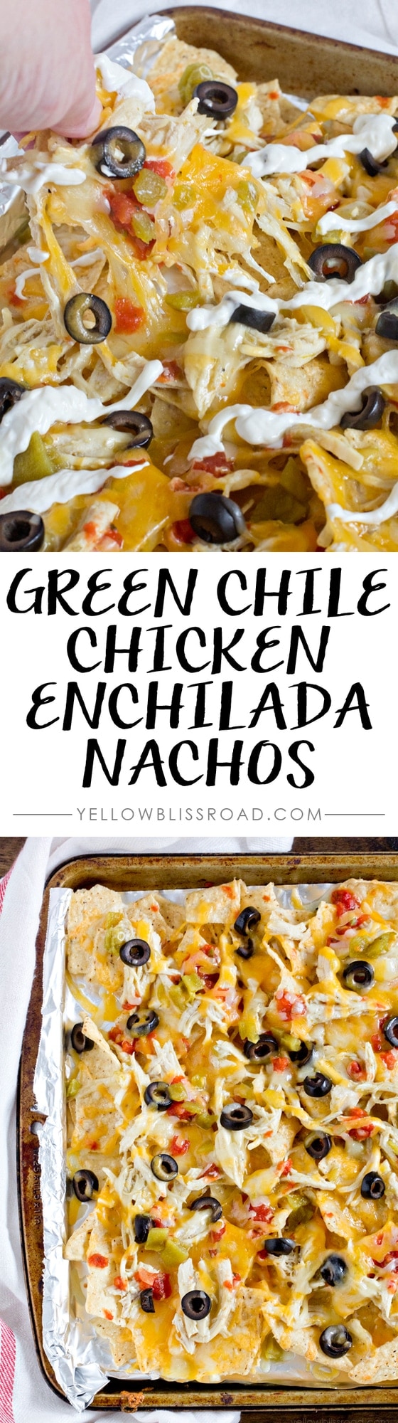 Green Chile Chicken Enchilada Nachos - Great for snacking or to feed a crowd on game day!